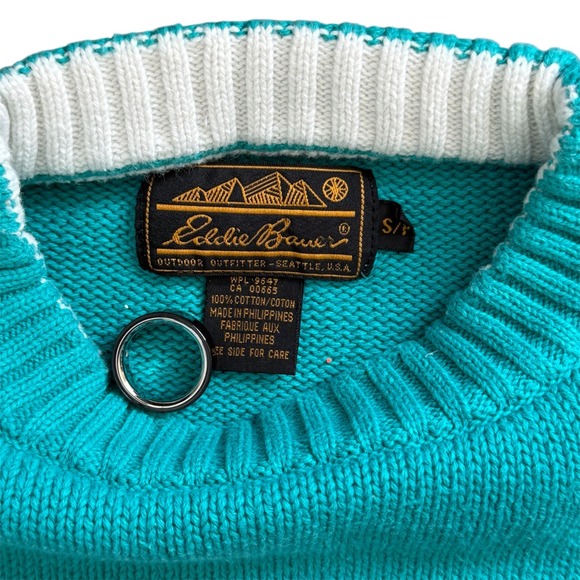 Vintage Eddie Bauer Knit Sweater Mens Small Striped Cotton Teal Red Warm - Picture 5 of 8